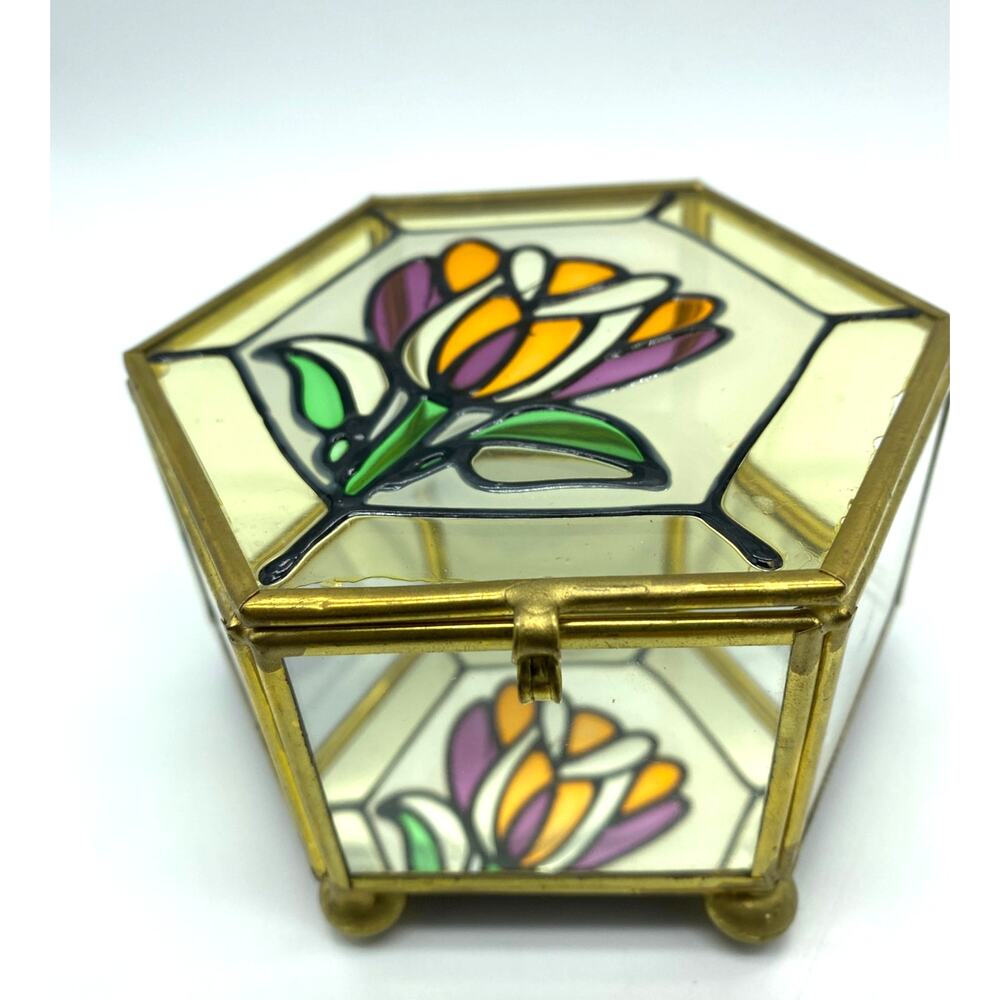 Hexagon Brass and glass-stained glass lid trinket box mirrored vintage Taiwan